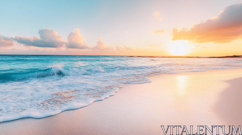 Peaceful Sunset Beach with Waves and Reflections AI Image