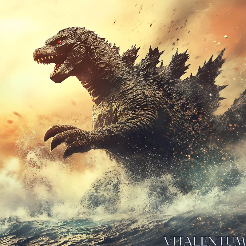 AI ART Colossal Kaiju in Oceanic Battle at Sunset