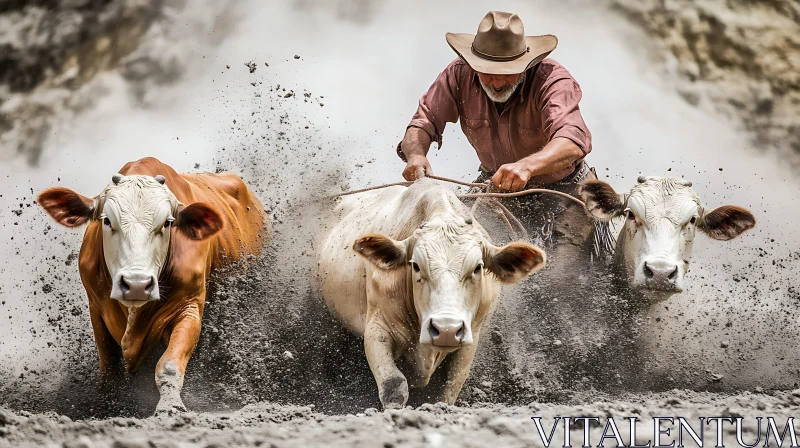 Muddy Action: Man and Cows in Motion AI Image