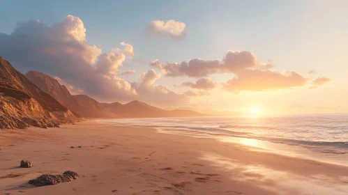 Serene Sunset Over Beach with Mountain Background