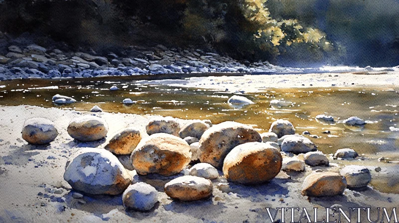 AI ART Serene Riverbank with Sunlit Pebbles - Watercolor Art