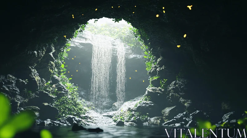 AI ART Mystical Waterfall Inside Lush Cave