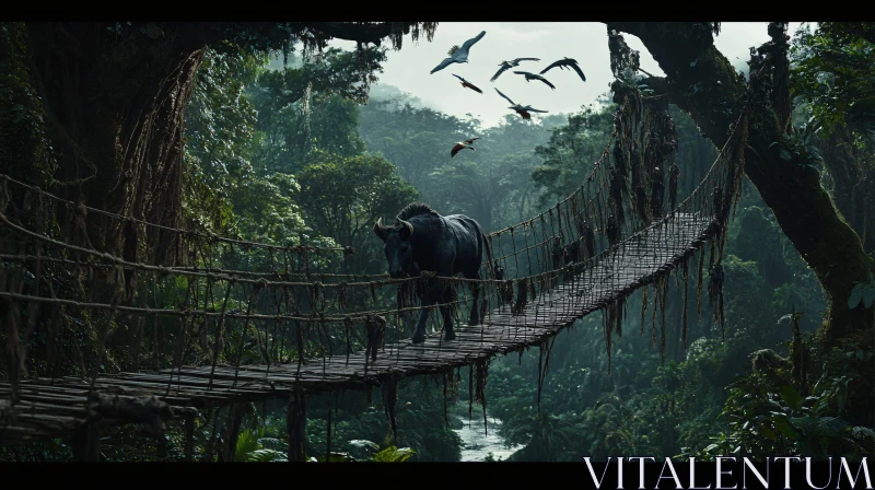 Enigmatic Jungle Suspension Bridge with Wildlife AI Image