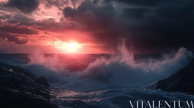 Sunset Over Stormy Sea with Dramatic Waves AI Image