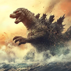 Colossal Kaiju in Oceanic Battle at Sunset