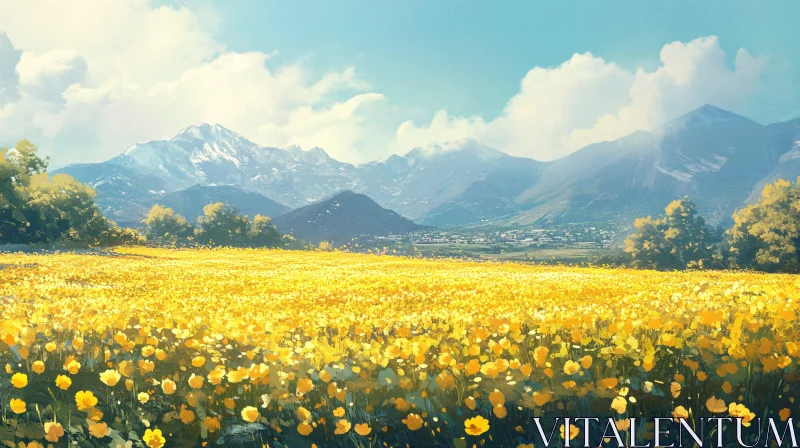 AI ART Picturesque Flower Field and Mountain Landscape