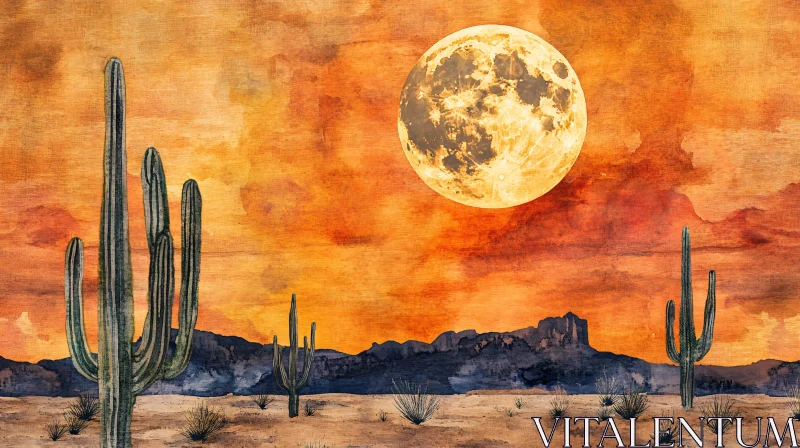 AI ART Ethereal Desert Night with Full Moon and Cacti