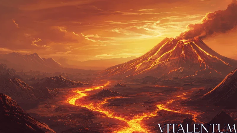 Fiery Lava Flowing From Volcano AI Image