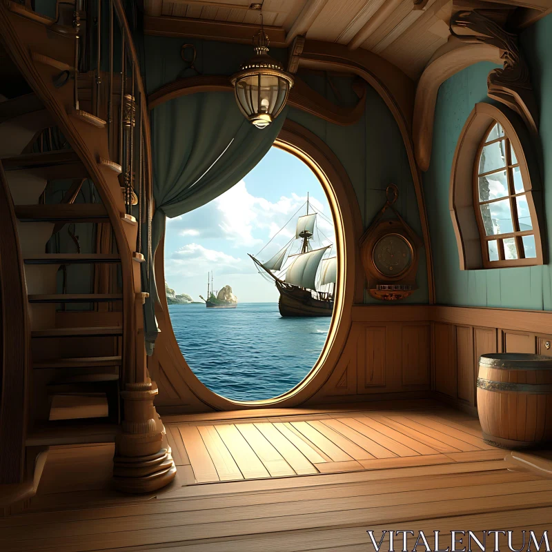 Vintage Ship Cabin with Ocean View AI Image