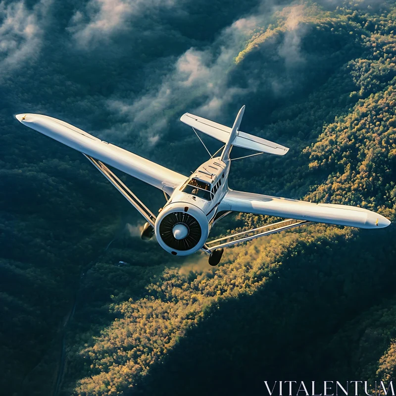 Classic Plane in Flight Above Forested Mountains AI Image