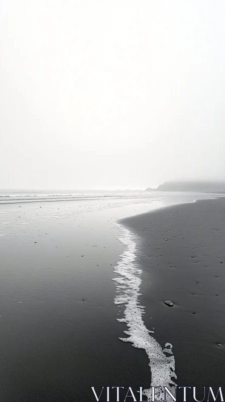 Misty Coastal Scene with White Foam Line on Dark Beach AI Image