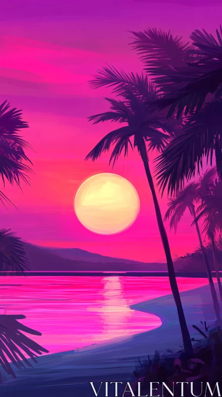 AI ART Vivid Beach Sunset with Glowing Sky and Palm Trees