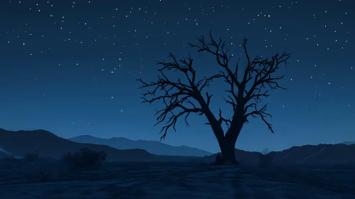 Nighttime Tranquility with Starry Sky and Lonely Tree