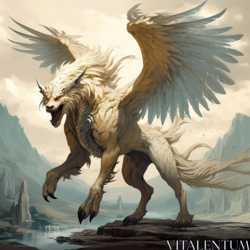 Fantastical White Wolf-Bird Hybrid in Light Gold Landscape AI Image