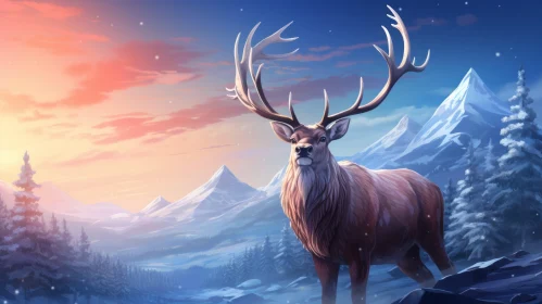 Fantasy Realism Art: A Deer in a Snowy Mountain Landscape