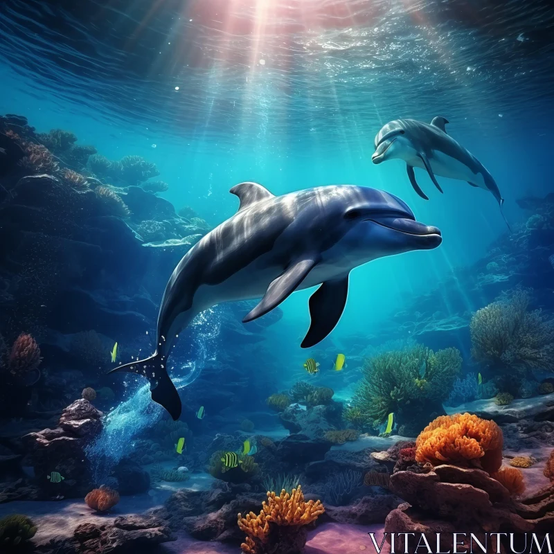 Underwater Odyssey: Dolphins Amidst Tropical Ocean Flora AI Image