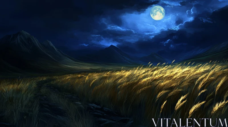 AI ART Enchanting Moonlit Wheat Field with Majestic Mountains