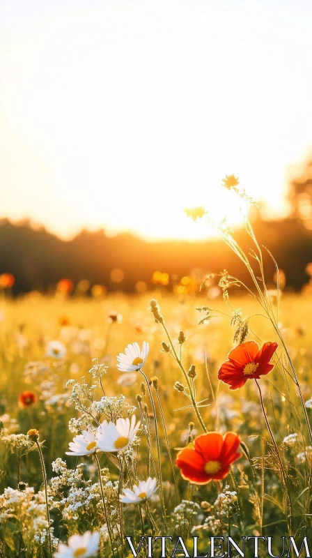 Tranquil Field of Wildflowers at Sunset AI Image