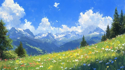 Peaceful Nature Scene with Mountains and Meadow