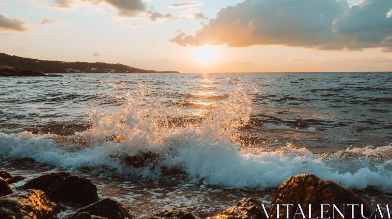 Golden Waves at Dusk by the Rocky Coast AI Image