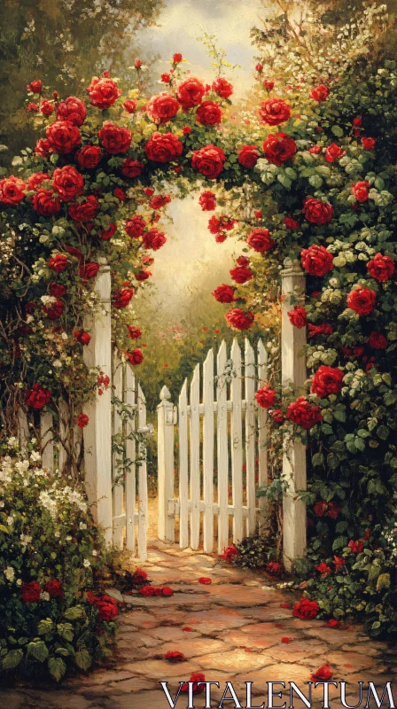 White Picket Gate Adorned with Red Roses AI Image