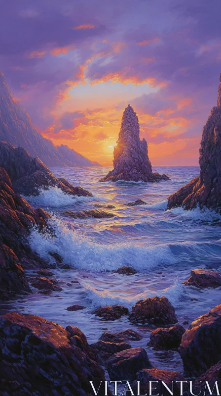 AI ART Sunset Over Rocky Coastal Waters