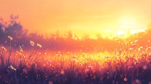 Golden Sunset over a Daisy Field