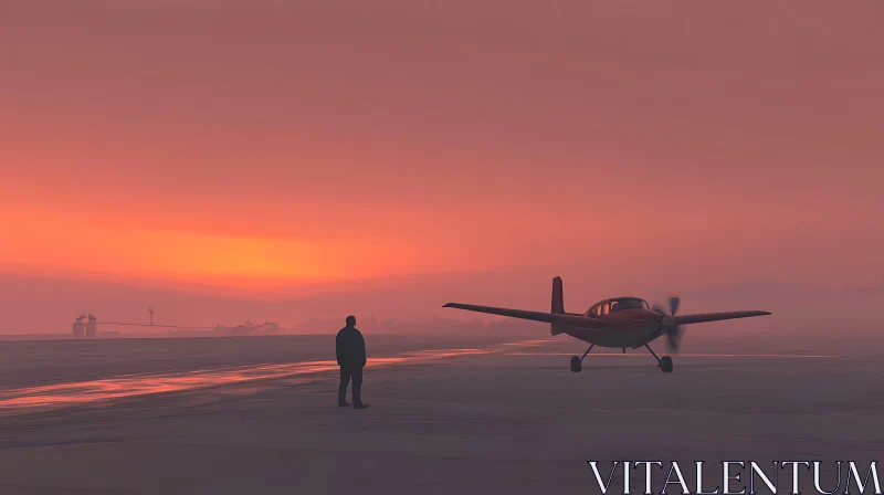 Person and Plane at Sunset on Runway AI Image