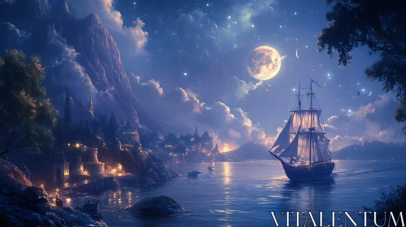 Tranquil Nightscape with Moonlit Village and Sailboat AI Image