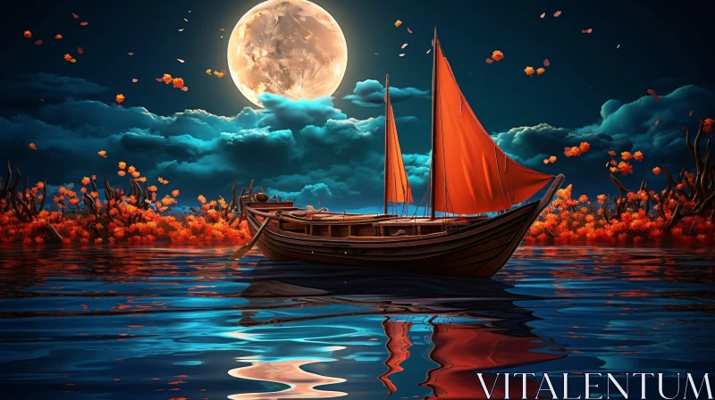 Sailboat Illuminated by Moonlight AI Image