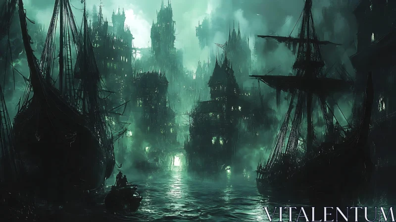 Mysterious Green Mist Harbor with Gothic Ships AI Image