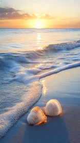 Sunset at the Beach with Seashells and Waves