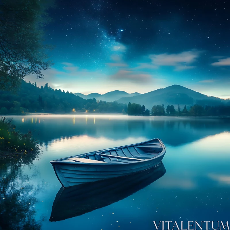 AI ART Calm Lake at Night with Boat and Mountains