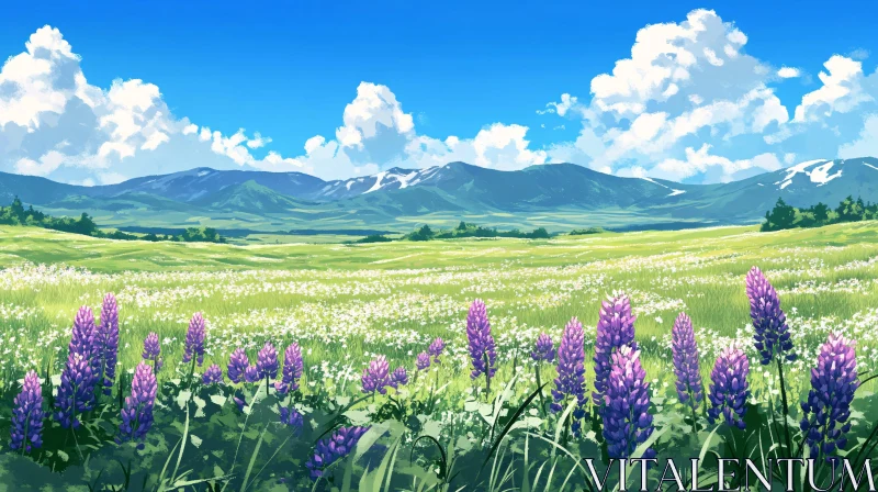 Scenic Purple Flower Field with Mountain Background AI Image