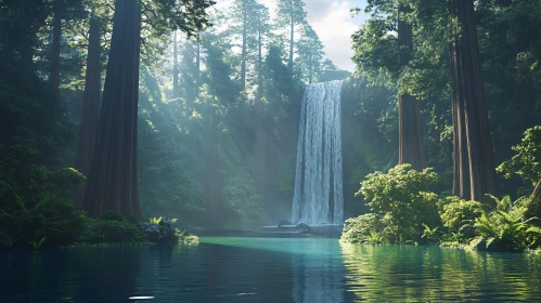 Peaceful Waterfall Amidst Tall Trees