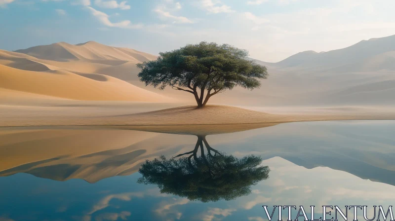 AI ART Solitary Tree in Calm Desert Landscape