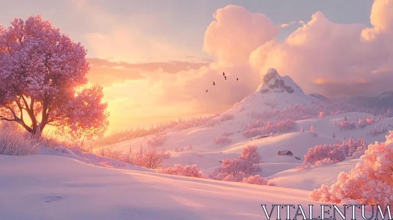 AI ART Serene Winter Sunset with Snowy Hills and Trees