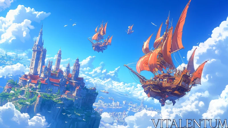 Fantasy Aerial Scene with Castle and Flying Ships AI Image