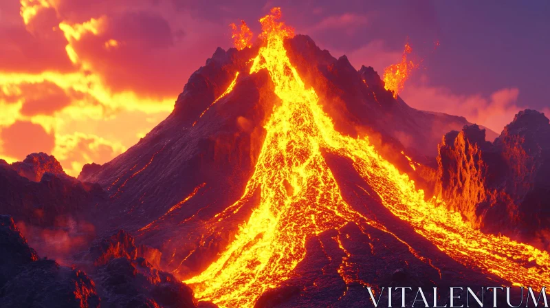 AI ART Lava Flow at Fiery Volcano Eruption