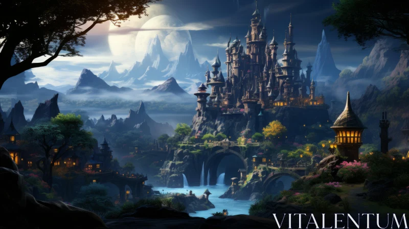 Enchanting Fantasy Castle amidst Mountains and Forest AI Image