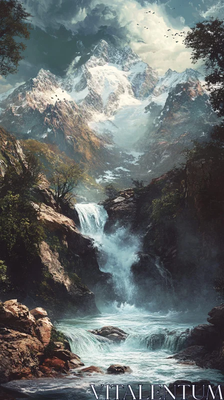 Mountainous Wilderness with Cascading Waterfall AI Image