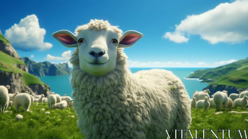 Sheep in Grass by Mountain - A Playful and Innocent Render AI Image