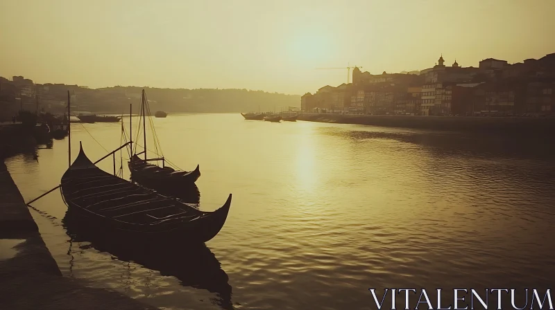 Golden Sunset on Riverside with Boats and Silhouetted Buildings AI Image