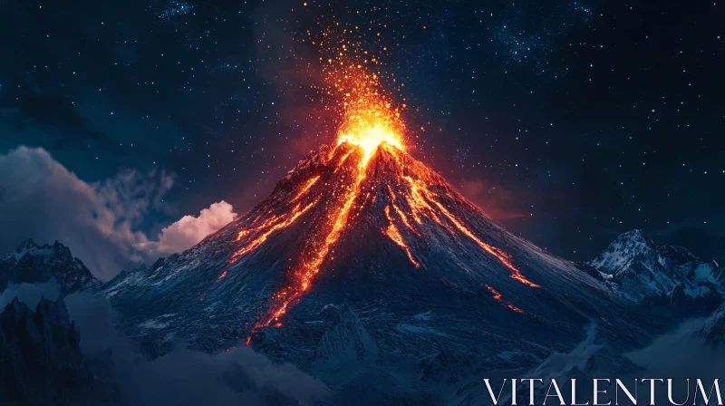 AI ART Nighttime Volcano Eruption with Flowing Lava