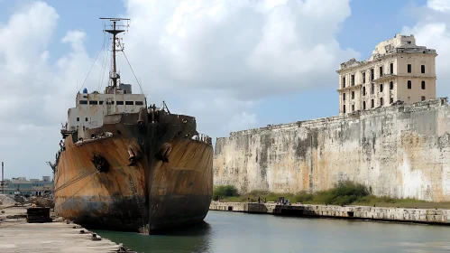 Rusty Abandoned Ship and Historic Harbor Scene