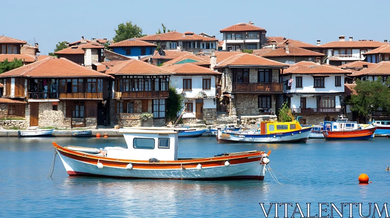 Idyllic Coastal Village with Vibrant Boats AI Image