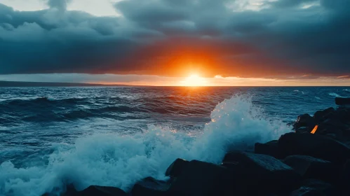 Sunset Over Ocean with Crashing Waves and Rocky Shore