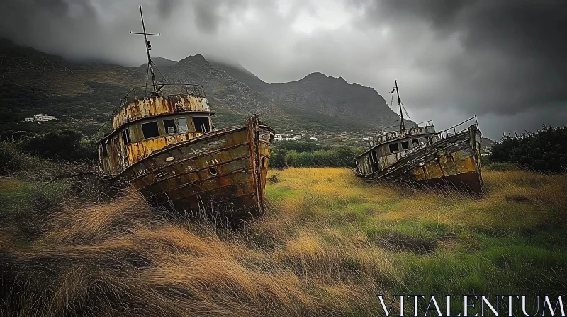 Old Abandoned Boats in a Cloudy Meadow AI Image