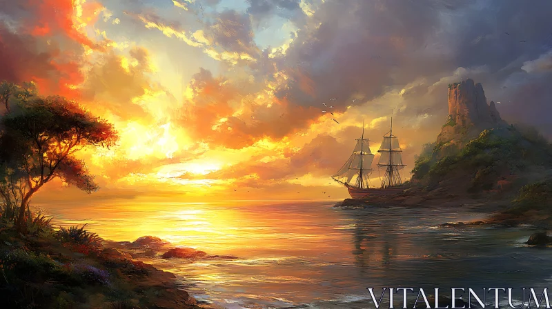 Golden Sunset over Seascape with Sailing Ship AI Image