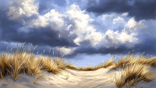 Grass and Clouds Above Sandy Dunes